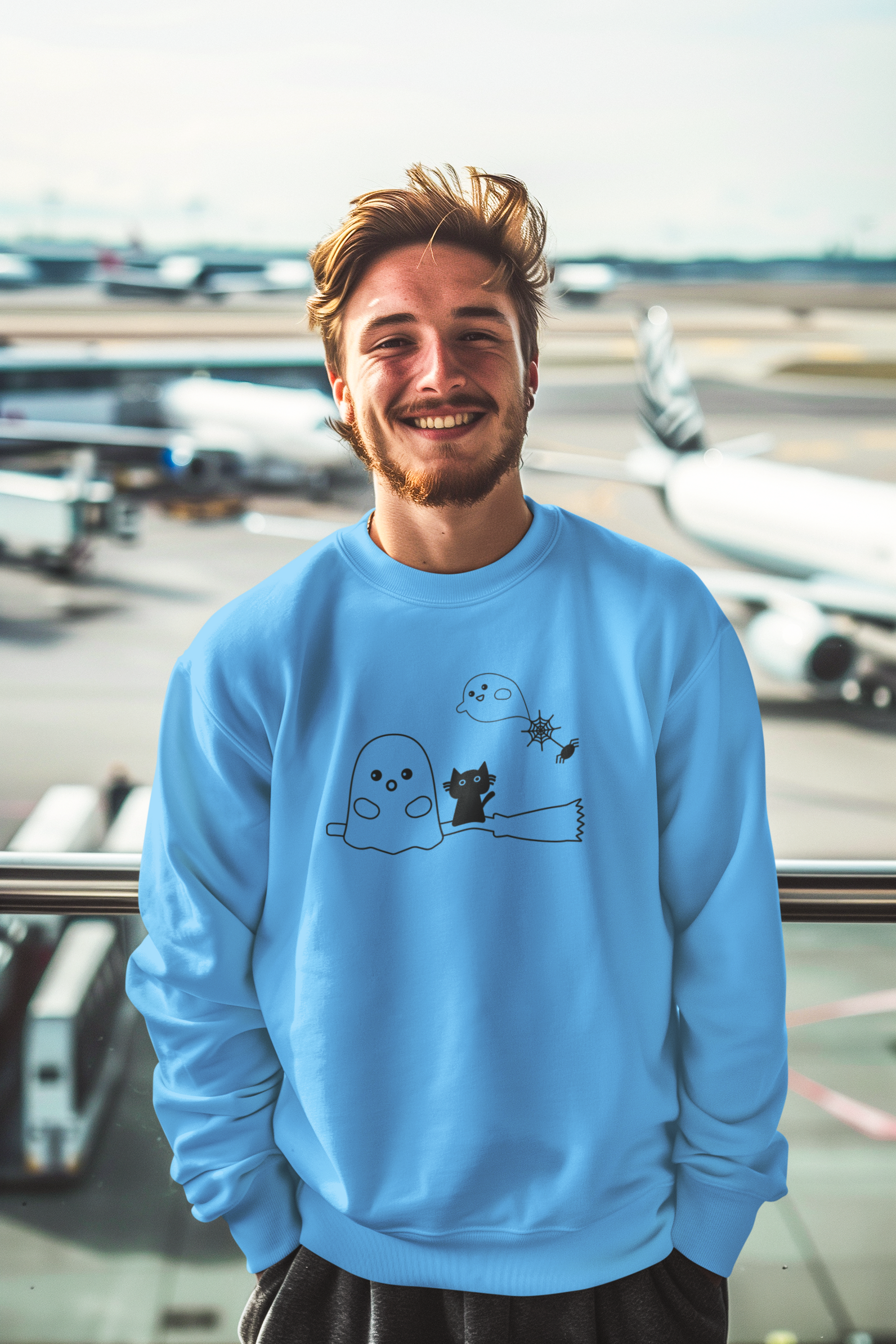 🎃 Cute Ghost & Cat on Broom Black DTF Transfer FT545