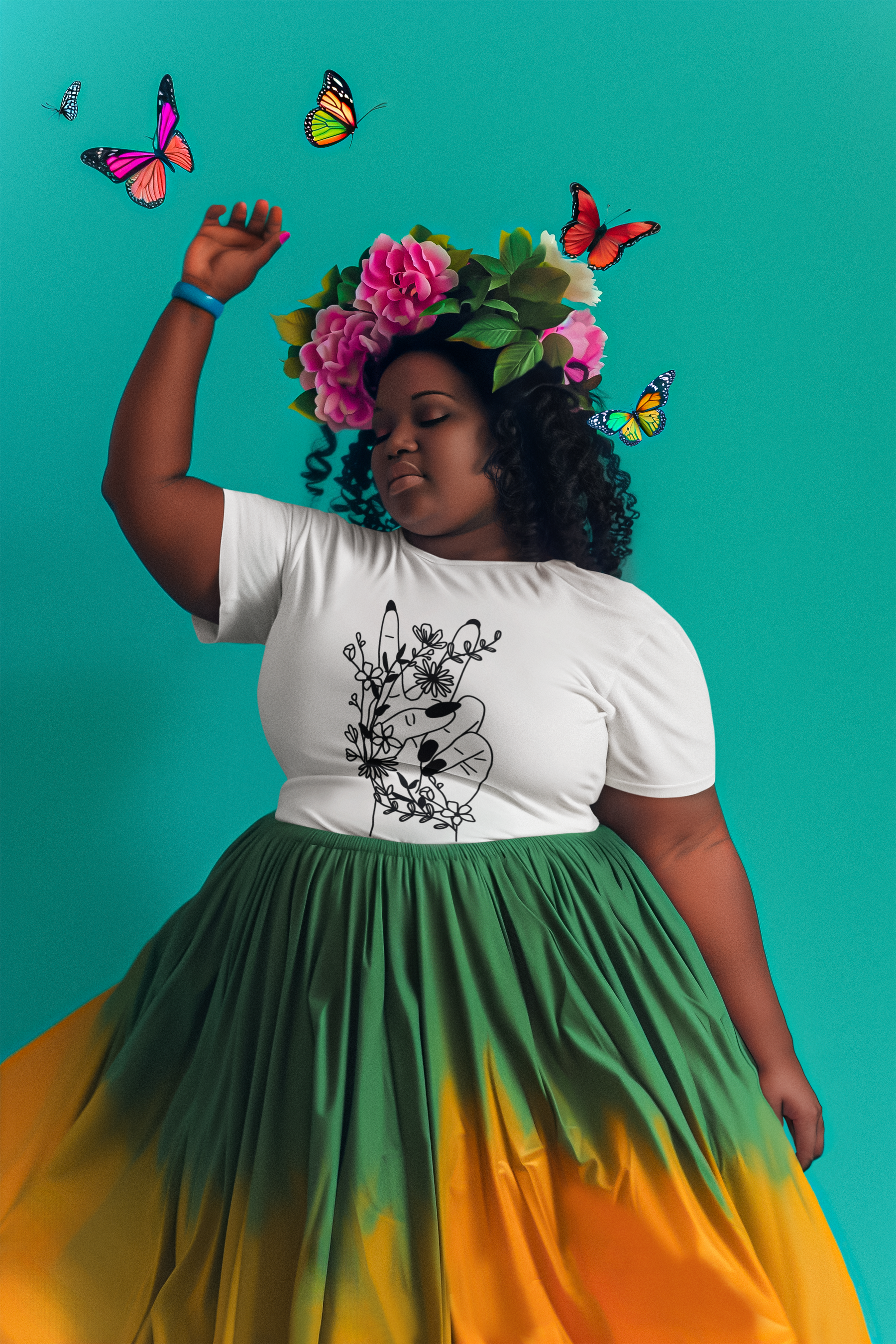 🖤 Bloom Together – Black Floral Hands | Minimal Line Art DTF Transfer FT812