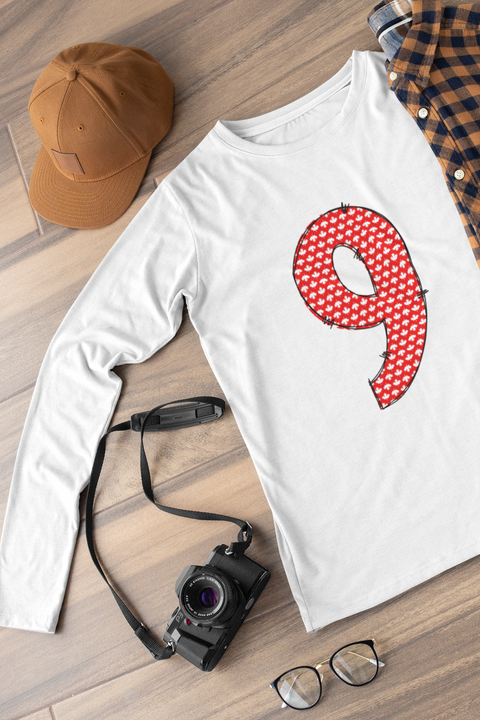 🍁 “9” – Nine – Red & White Maple Leaf Pattern Numeric | DTF Transfer FT1019