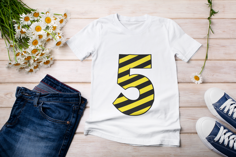 ⚠️ “5” – Five – Yellow & Black Striped Pattern Numeric  | DTF Transfer FT1025