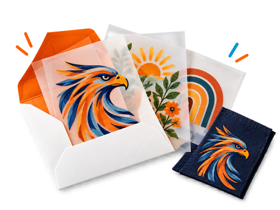 DTF sample pack illustration with colorful transfer designs