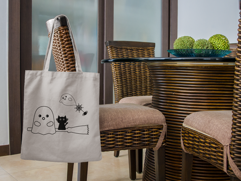 🎃 Cute Ghost & Cat on Broom Black DTF Transfer FT545