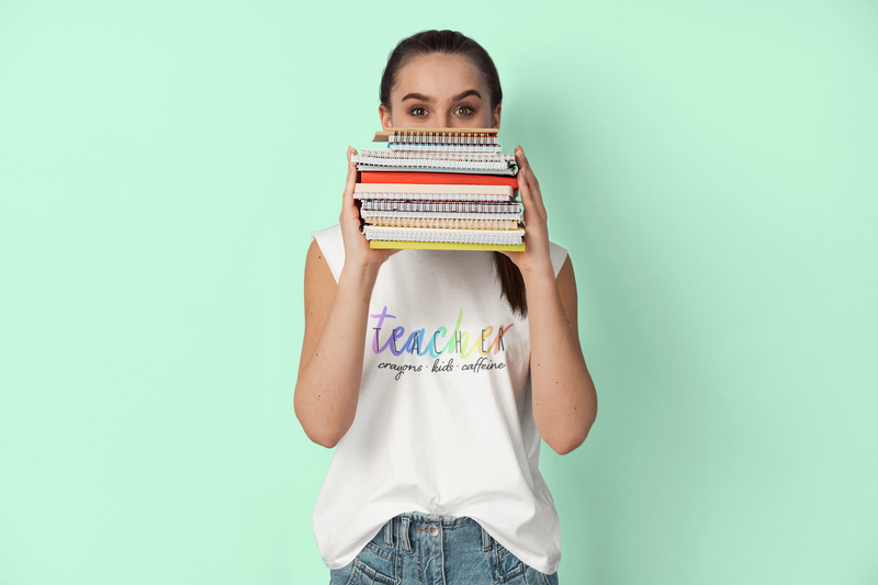 🌈✏️ Teacher – Crayons • Kids • Caffeine | Rainbow Gradient DTF Transfer FT675