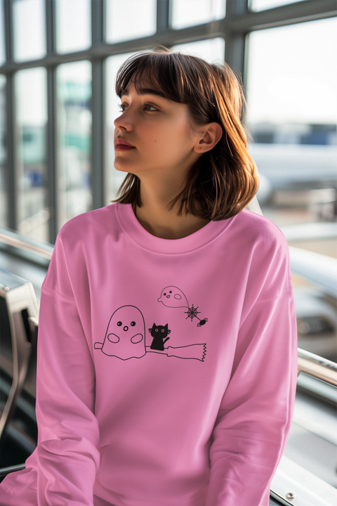 🎃 Cute Ghost & Cat on Broom Black DTF Transfer FT545