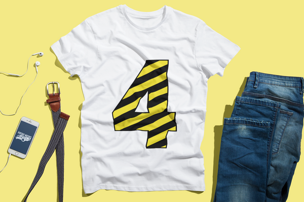 ⚠️ “4” – Four – Yellow & Black Striped Pattern Numeric | DTF Transfer FT1024