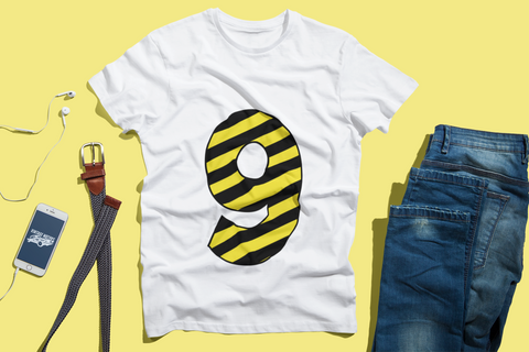 ⚠️ “9” – Nine – Yellow & Black Striped Pattern Numeric | DTF Transfer FT1029