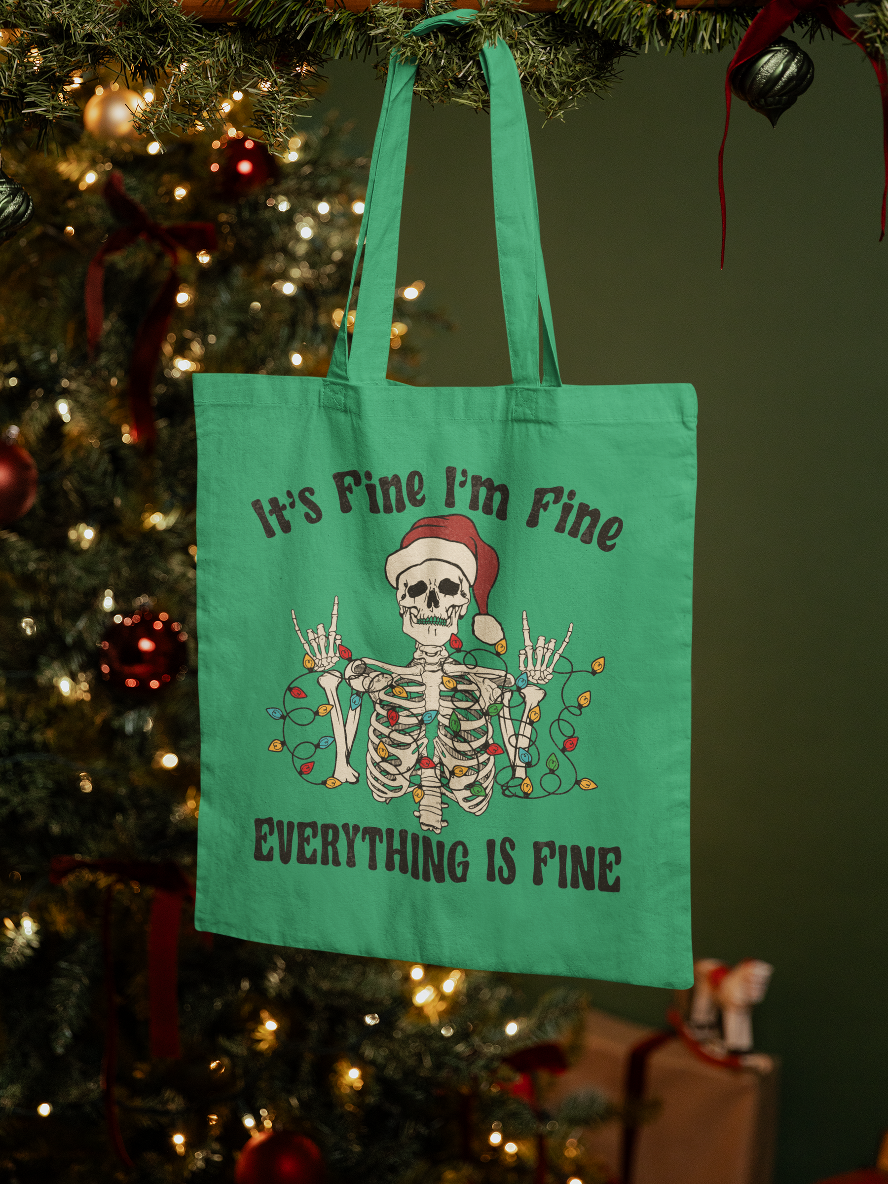 🎄 “It’s Fine I’m Fine – Everything Is Fine” Christmas Skeleton in Black DTF Transfer FT455